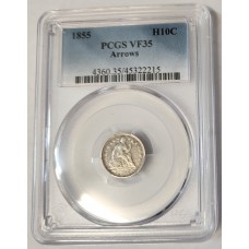 UNITED STATES OF AMERICA 1855 . 1/2 HALF DIME / TEN 10 CENTS COIN . SLABBED